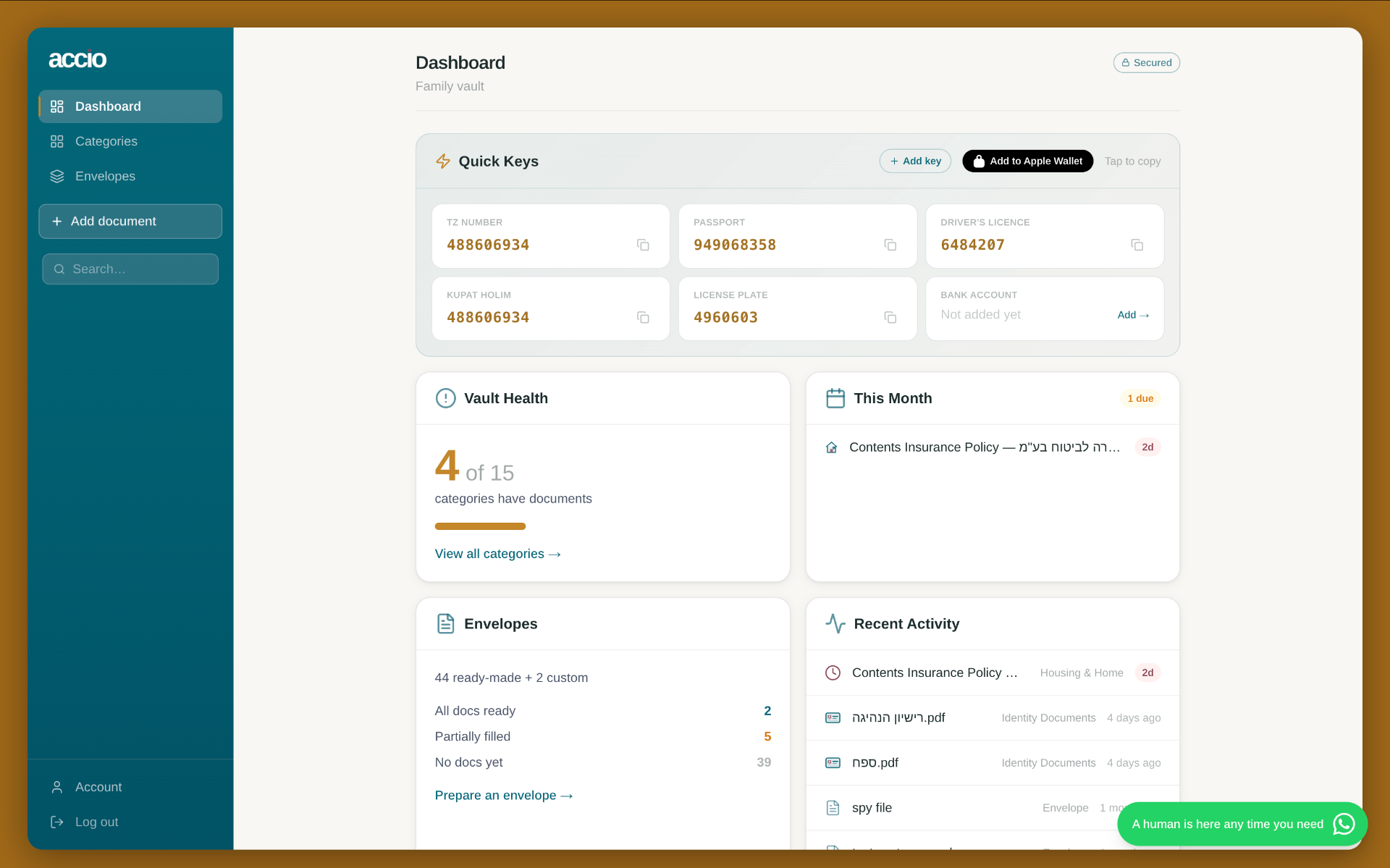 Accio Vault dashboard showing Quick Keys, Vault Health, This Month alerts, the errands panel, and Recent Activity