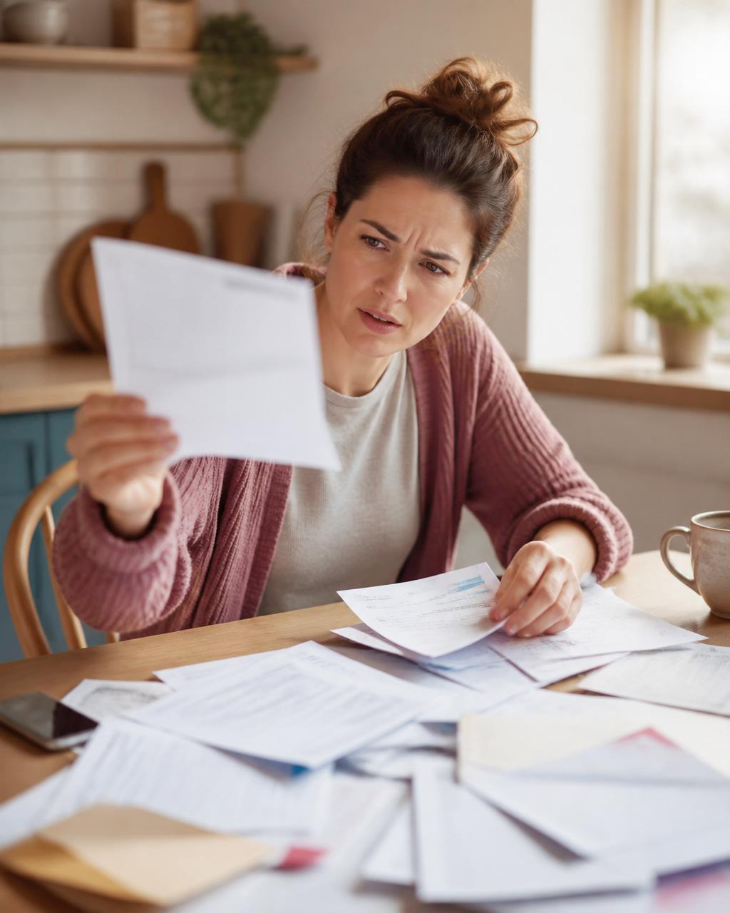 Woman at a kitchen table surrounded by scattered mail and papers, holding up a document with a confused expression